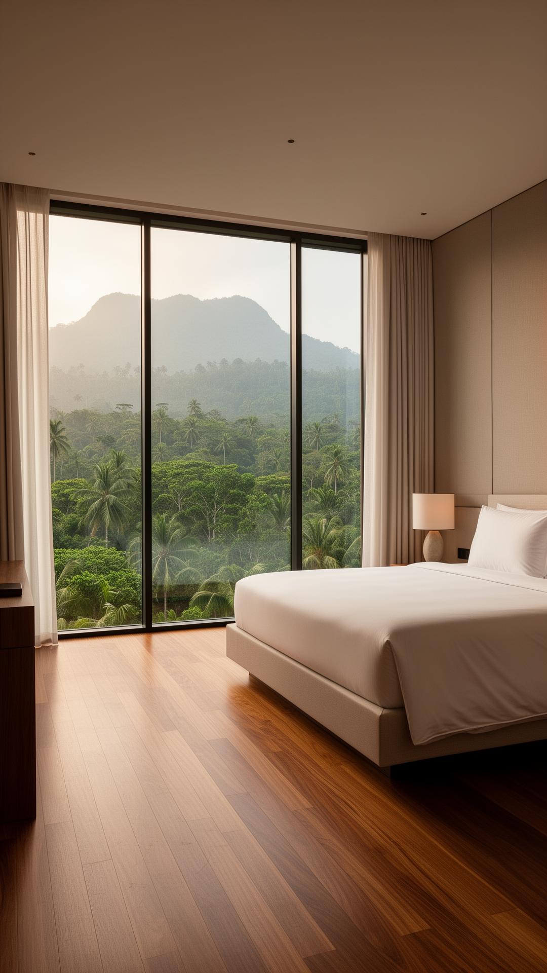 Luxury suite interior with floor-to-ceiling jungle views